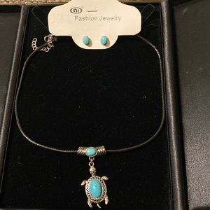 Nwt turtle necklace and earring set with turquoise on leather cord